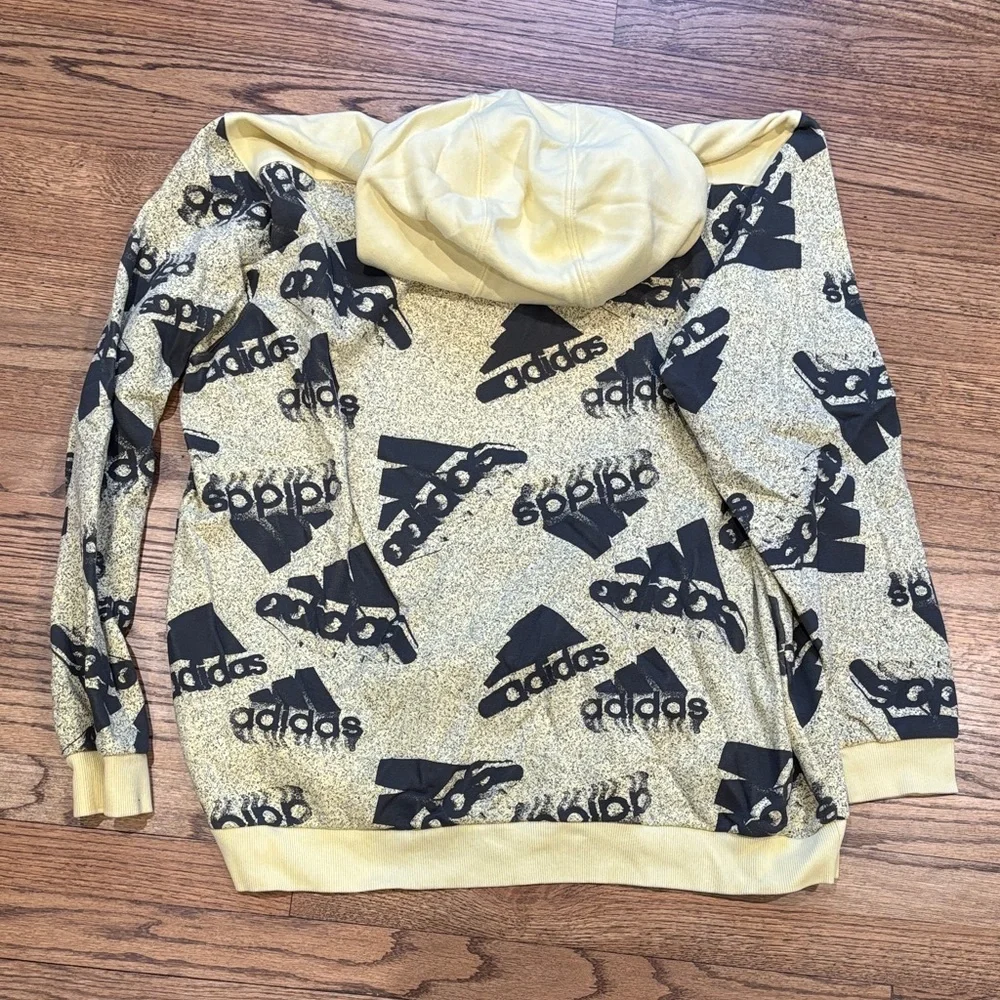 adidas Yellow Hoodie with Black All-Over Logo Print 2XL